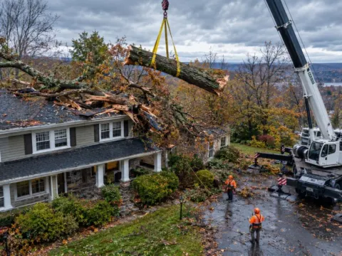 Emergency tree removal Dutchess County NY crane crew lifting storm damaged oak trunk off residential roof