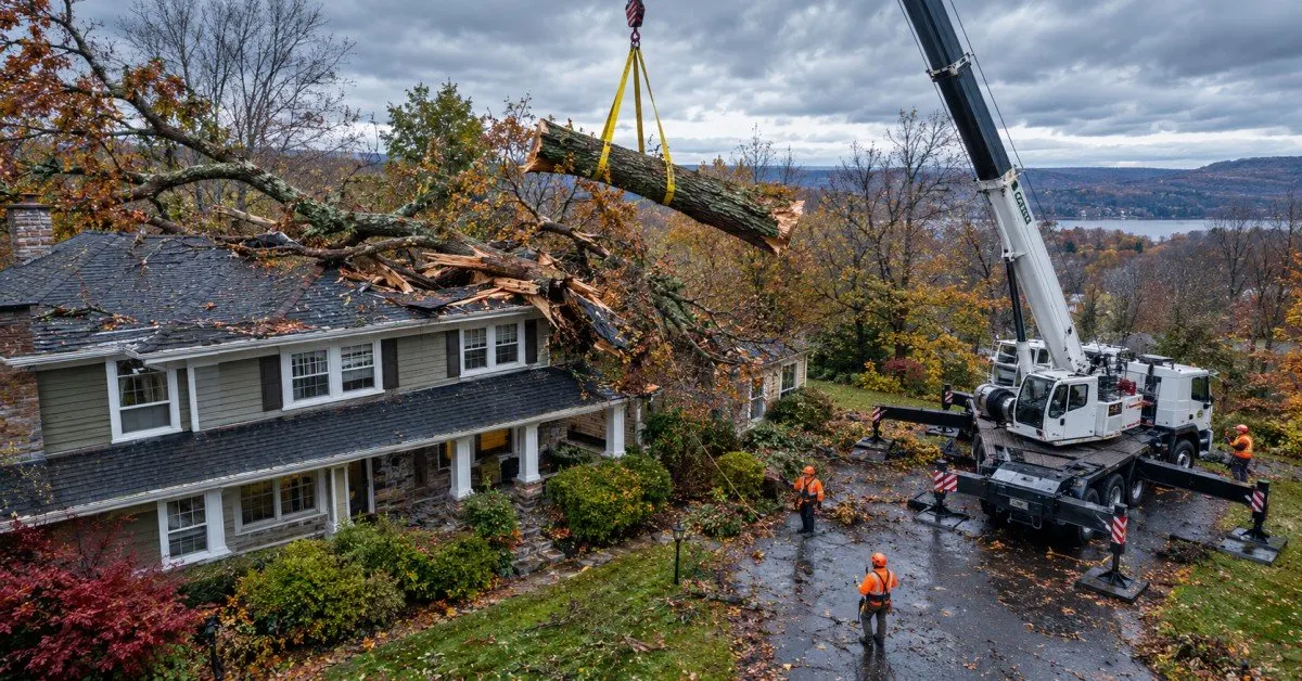 Emergency tree removal Dutchess County NY crane crew lifting storm damaged oak trunk off residential roof