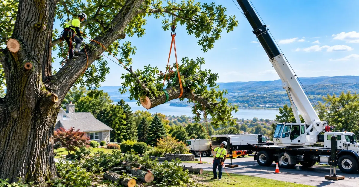 professional tree removal dutchess county ny crew cutting hazardous oak tree with crane
